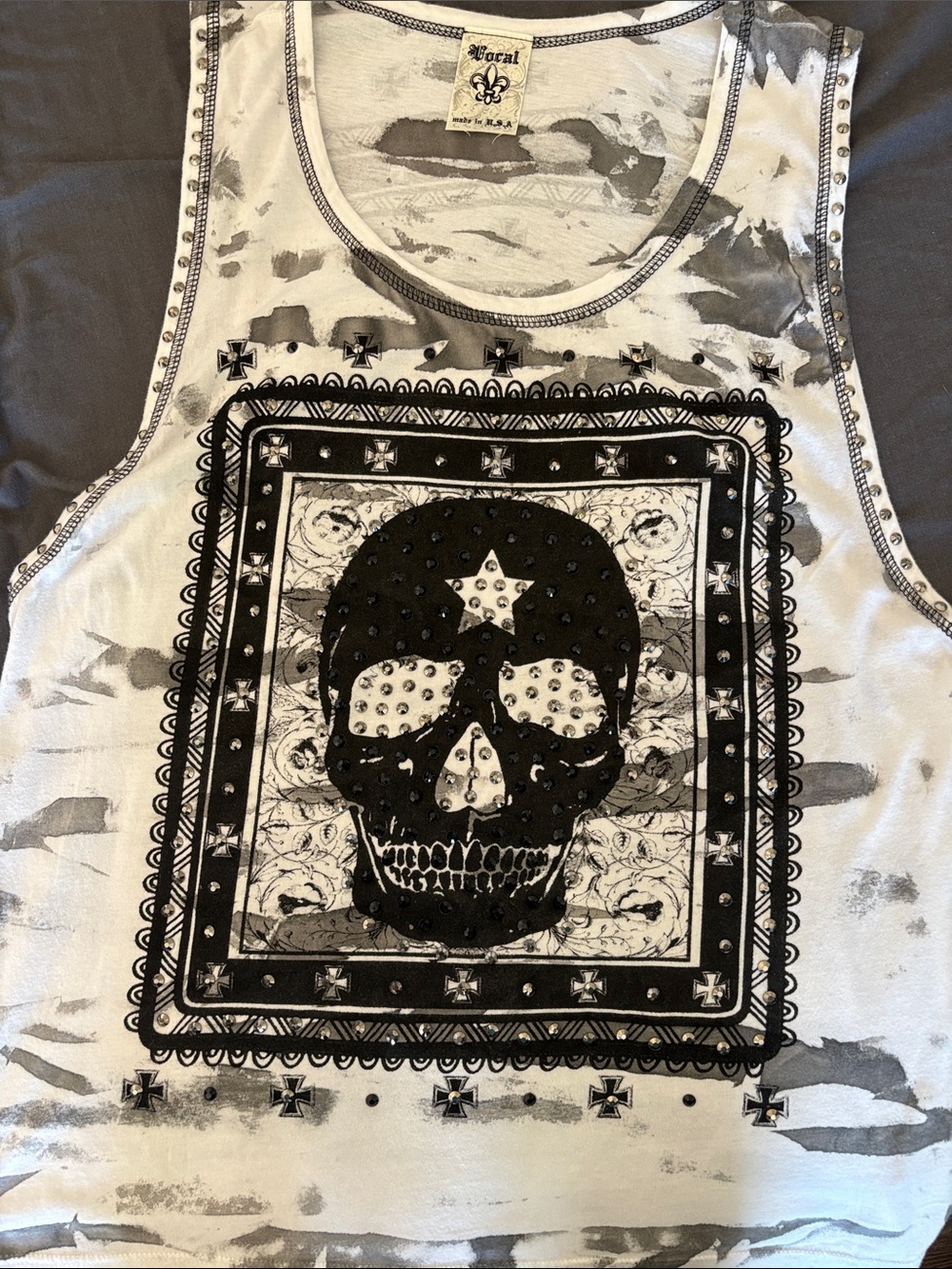 Vocal Studded Skull Graphic Tank Top White Gray Sz Large Grunge Punk Biker Chic - Picture 12 of 12